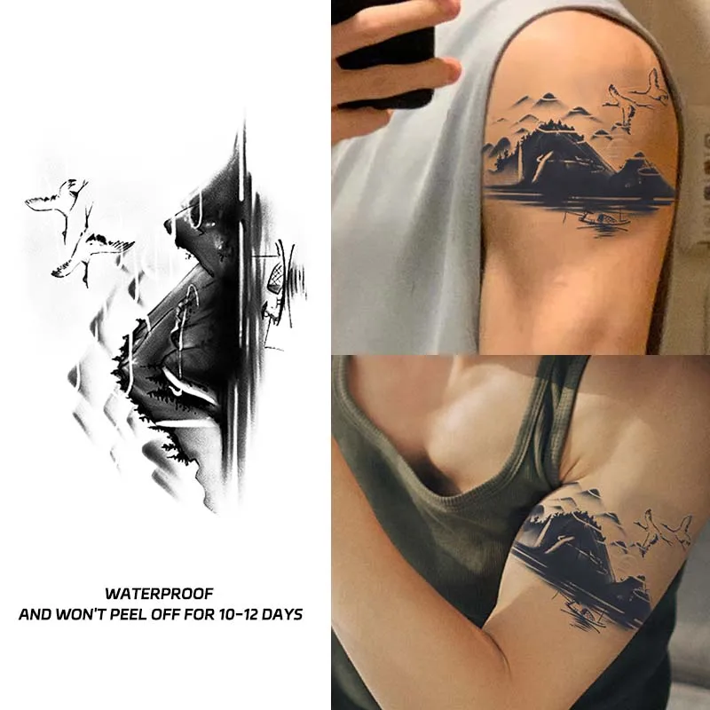 

Временные татуировки-наклейки, чернила, пейзажная живопись, элементы, водонепроницаемые мужские поддельные татуировки, наклейки на руку, имитация цвета татуировки