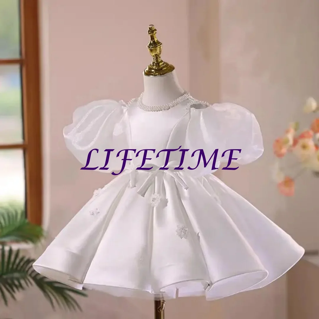 Aangepaste elegante witte bloemenmeisje jurk parels gezwollen mouw voor prinses kinderen bruiloft verjaardag communie feest baljurk