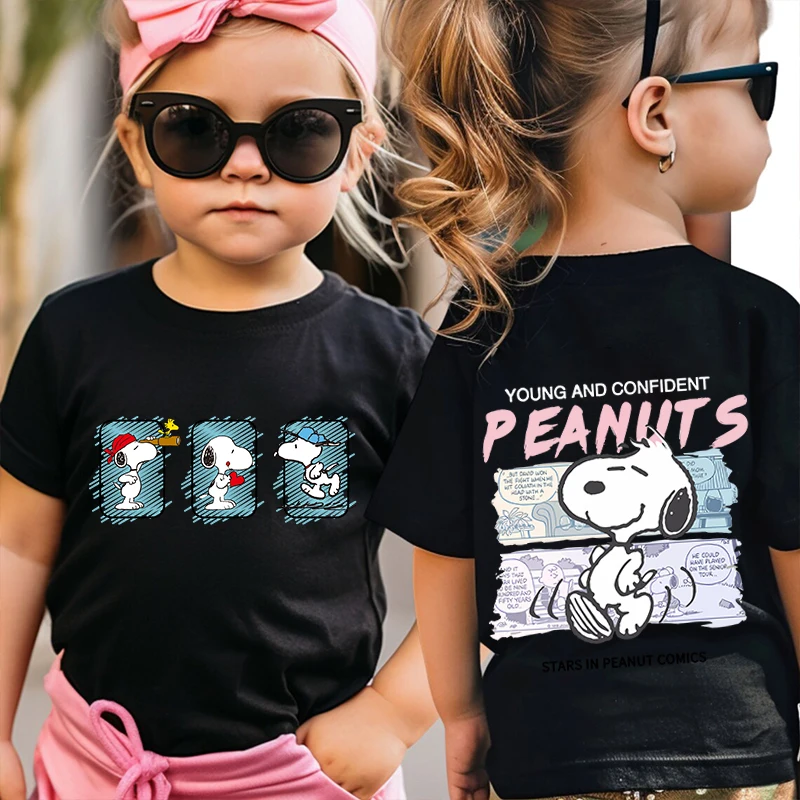 Camiseta con estampado de Snoopy para niños, ropa de manga corta de algodón puro con dibujos animados para niños, top negro para niñas