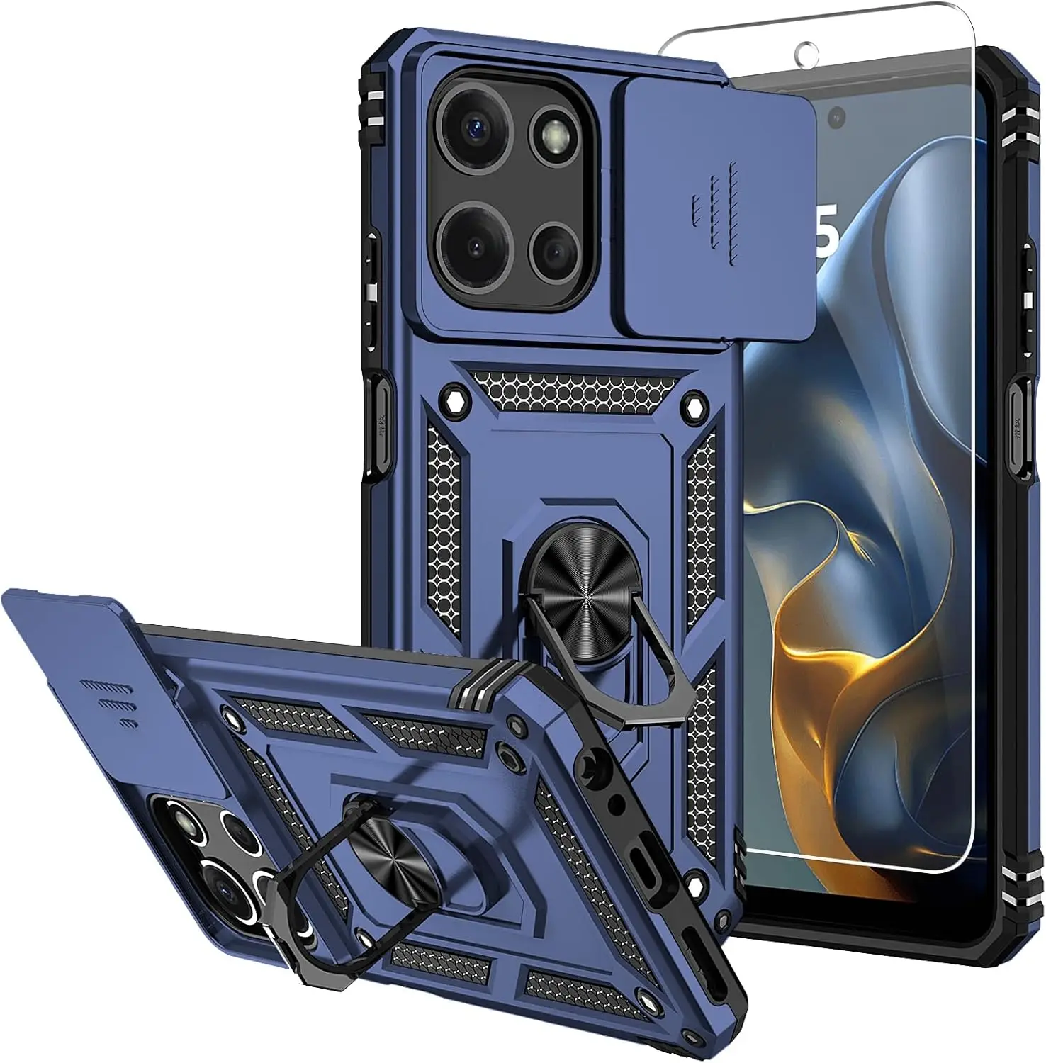 Military-Grade 16ft Drop Tested Phone Case with Screen Protector, Camera Cover & Magnetic Kickstand - Blue
