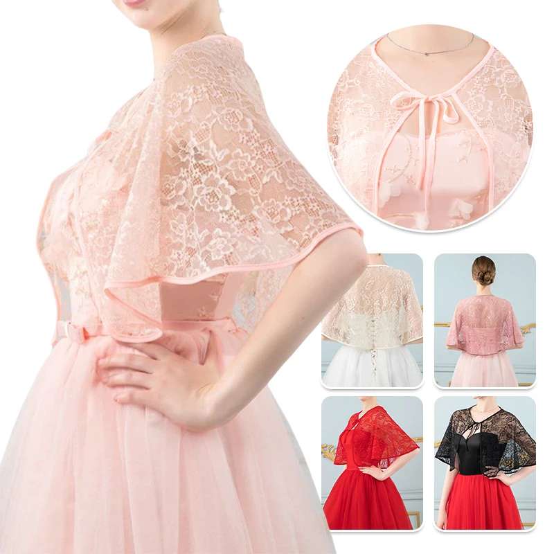 

Women Wedding Bridal Shawl Wrap Capelet Sheer Floral Lace Flower Jacket Bolero Tulle Cape Bridesmaid Lace-Up Shrug Cover Up