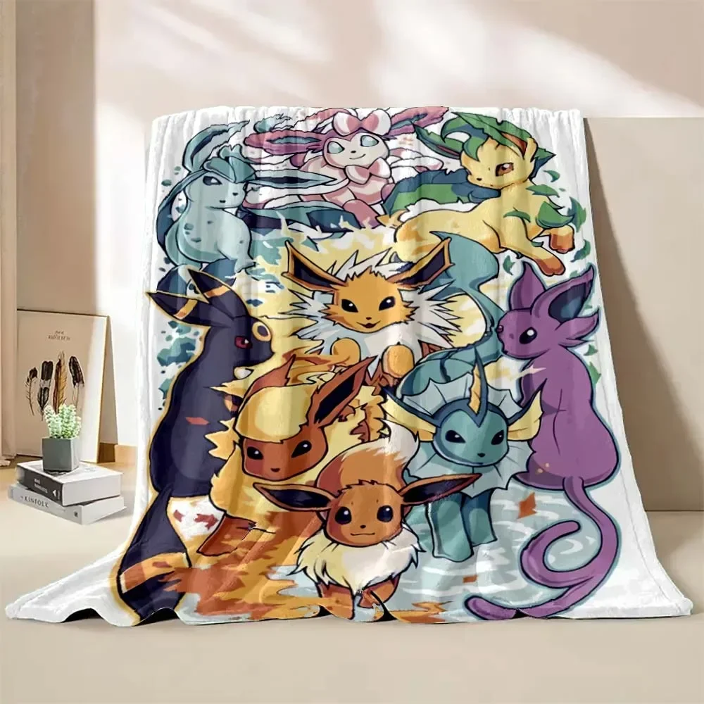 Six Size Poke-mon Soft Flannel Blanket Anime Eevee HD Printed Home Sofa Lunch Break Adult Baby Blanket Children Nap Gift Miniso