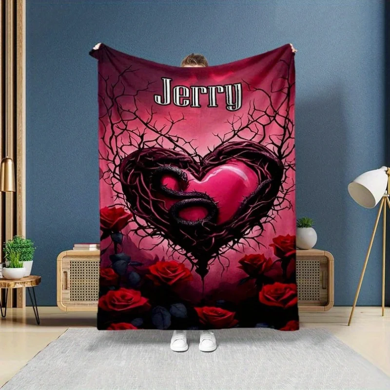 Custom name cute heart flannel blanket, suitable for sofa, bed, birthdays, children, friends, gifts
