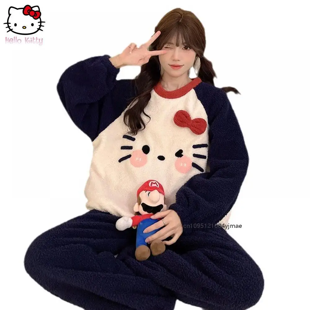Sanrio süßes Heimkleidungsset, süße Mädchen-Nachtwäsche, langärmelig, Rundhalsausschnitt, Winter, warm, halb flauschig, lässig, Cartoon, Outdoor-Kleidung