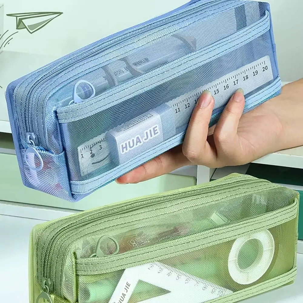Dubbellaags mesh pennenzak Transparant etui met grote capaciteit Hoge kwaliteit duurzame briefpapier opbergtas Student