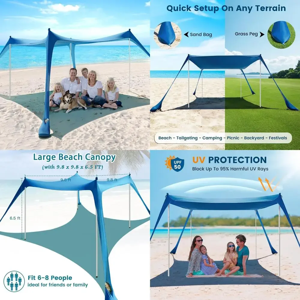 خيمة شاطئ مقاس 10 × 10 UV50+ مع أكياس رمل وأعمدة وحصوات وحبال رياح للحماية الخارجية