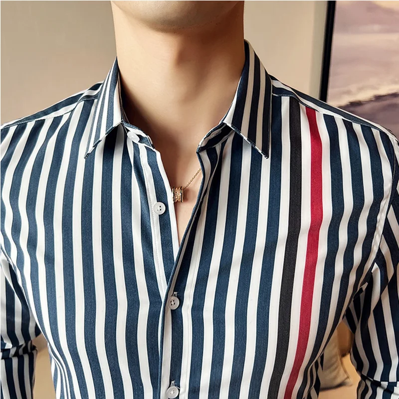 British Style Long Sleeved Striped Shirt Mens New Slim Fit Casual Dress Shirt Streetwear Social Party Clothing Plus Size 4XL-M