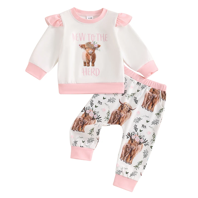 

Toddler Girl Fall Outfits Letter Cow Print Crew Neck Long Sleeve Sweatshirts and Long Pants 2Pcs Clothes Set