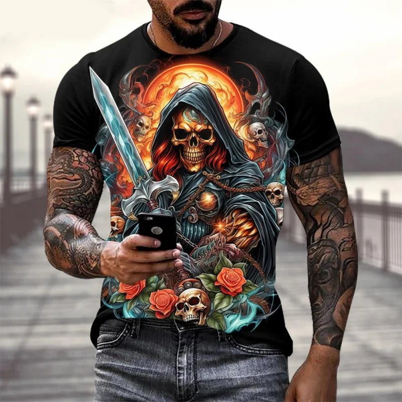 

Fashion Skeleton Flower Sword Printed T-shirt Men's Cool Pattern Print Short Sleeve Tee Summer Casual Tops Street Men's Clothing
