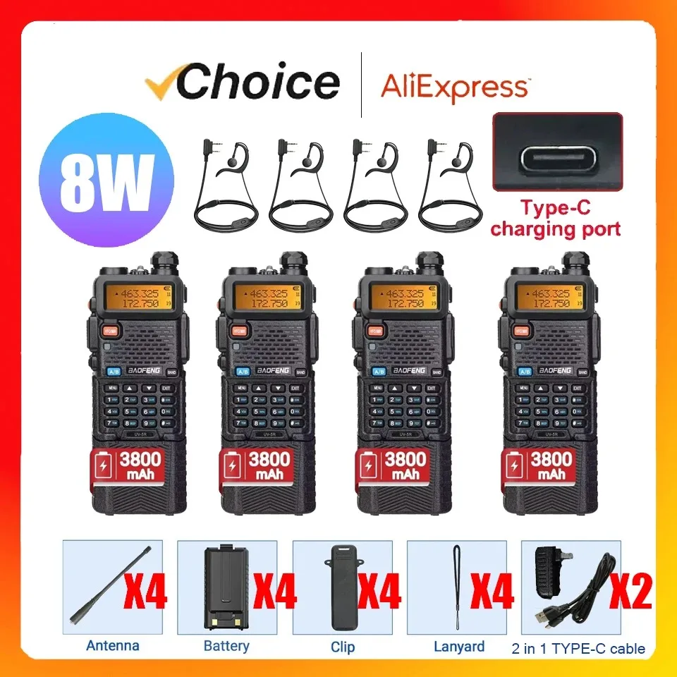 

4PCS Baofeng Walkie Talkie UV 5R 8W Ham Radio Long Range Walkie Talkies Dual Band Handheld Two Way Radio with 3800mAh Battery