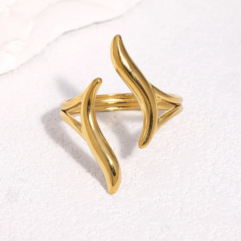 Modern abstract curved open ring double-angle shape adjustable gold and silver open ring suitable for women's daily dating wear
