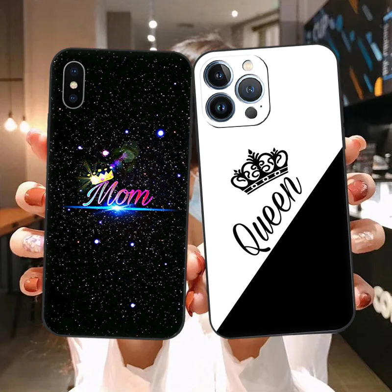 Soft Phone Cases For iPhone 15Pro 14 13 Pro Max 12 11 Mini 7 8 15 Plus SE XS XR Luxury King Queen Mom Princess Black Matte Cover