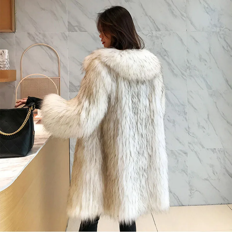 2024 Autumn Trendy Women\'s Turn-down Collar  Loose Faux Fur Coat Fashion Long Sleeves Gradient Trench Jacket Female 1LS039