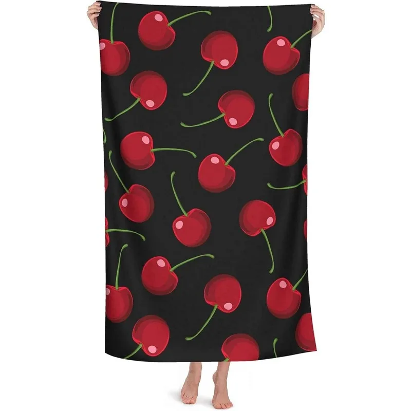 Super Soft Microfiber Beach Towel Absorbent Lightweight Bath Towel with Red Cherry Geometric Pattern for Pool Gym Travel