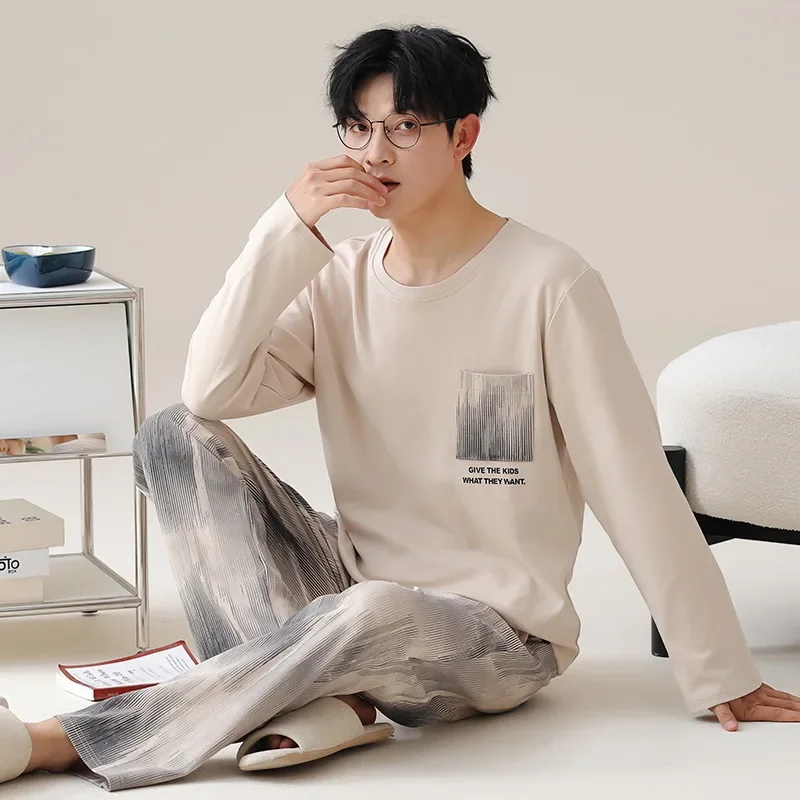 2024 Cotton Homewear for Man Autumn Long Sleepwear Big Size L-3XL Nightwear Korean Fashion Pullover Pajamas Set Young Boy Male