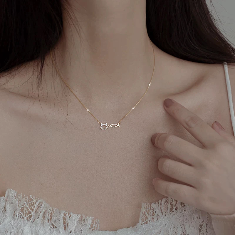 GANPUP Süße Katze Fisch Funkelnder Zirkonia Anhänger Halskette für Damen Mode Neuer Schmuck Halskette Geschenk Party Collares Колье – Detail 3