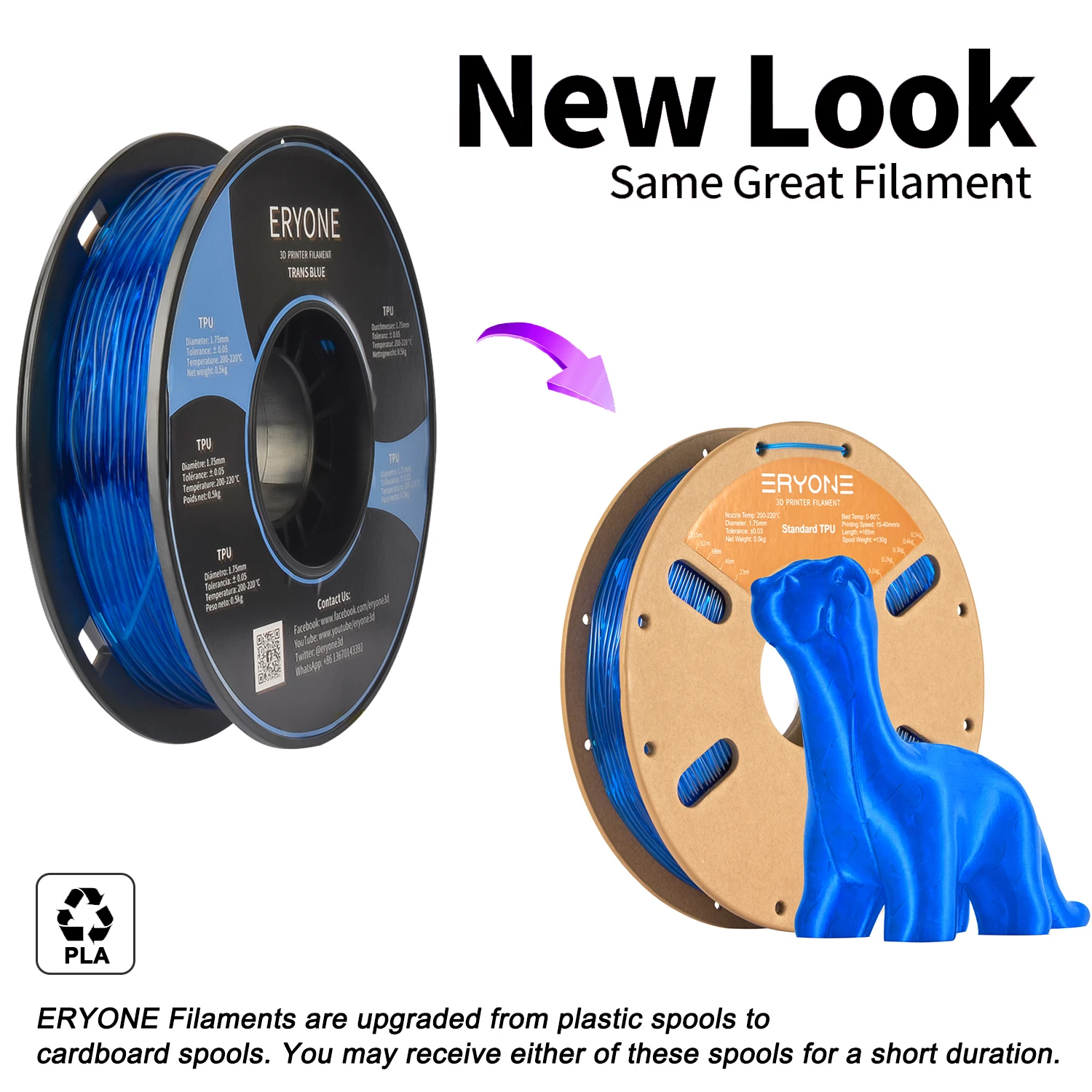 Eryone-filamento Flexible de TPU para impresora 3D, bobina de 1,75 kg, 0,5mm, envío rápido