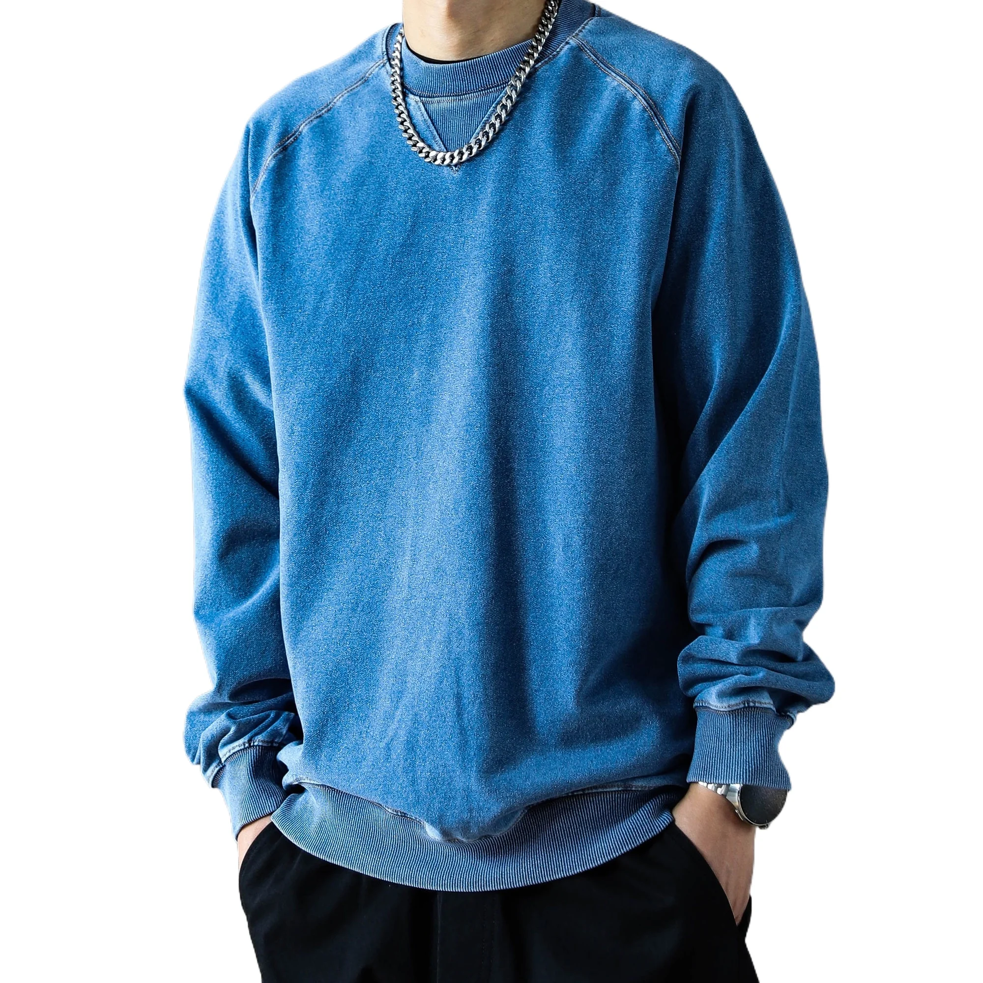 

Washed Vintage Sweatshirts for Men Spring and Autumn Loose and Casual 2025 New Style American Retro High Street Pullover Blue