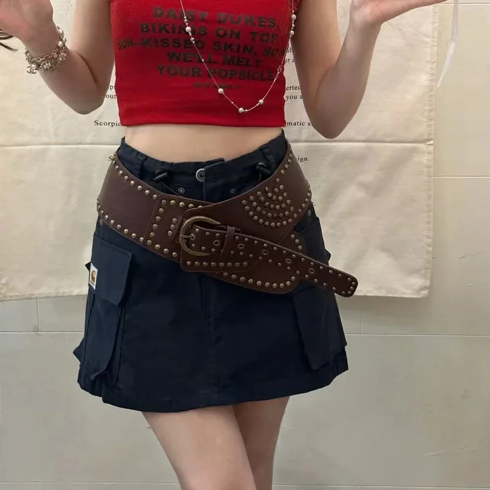Vintage Gothic Punk Rivet Stitch Wide Belt for Women PU Leather Black Waistband Y2K Chic Streetwear Fashion Accessory
