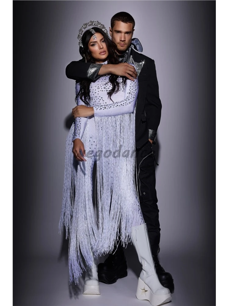 Sexy Tassel Rhinestones Jumpsuit For Women Long Singer Performance Costumes