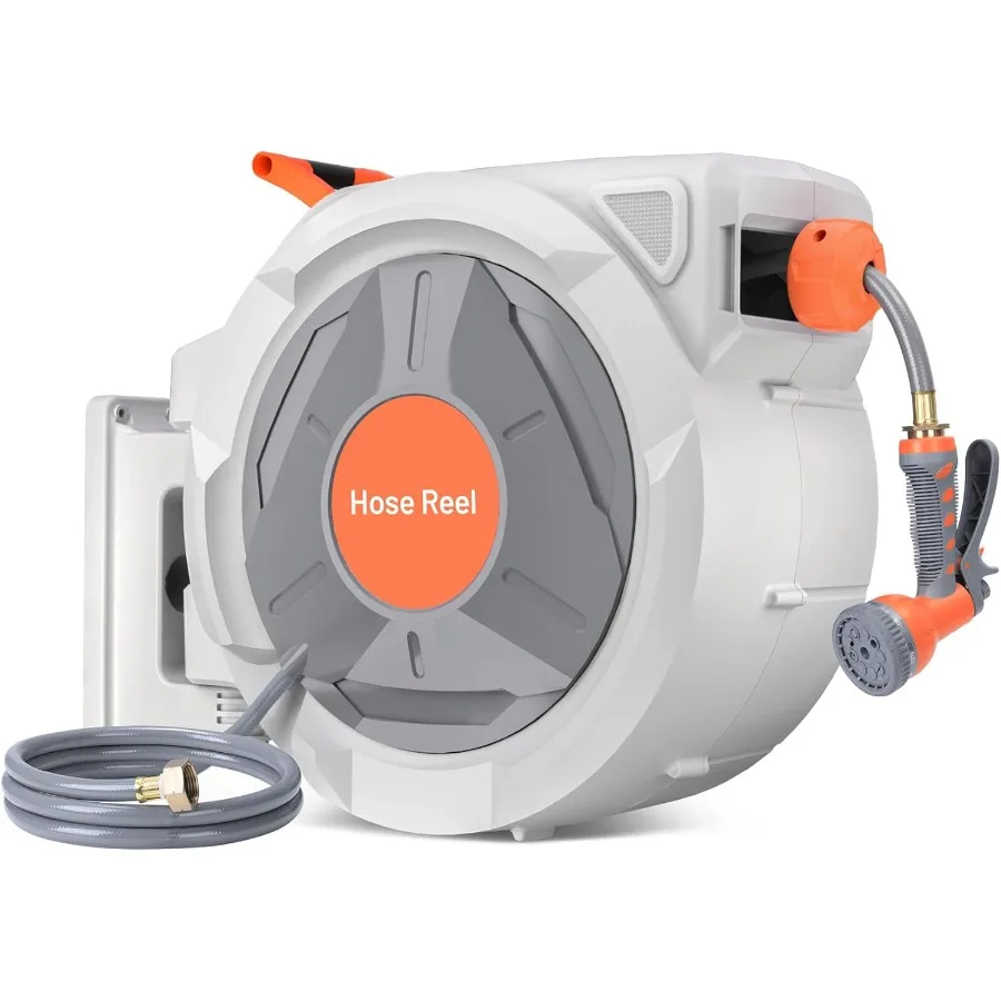 

Retractable Garden Hose Reel 1/2 In x 130 Ft With 9 Function Sprayer Nozzle for Outdoor Yard and Garden Use Any Length Lock Fea