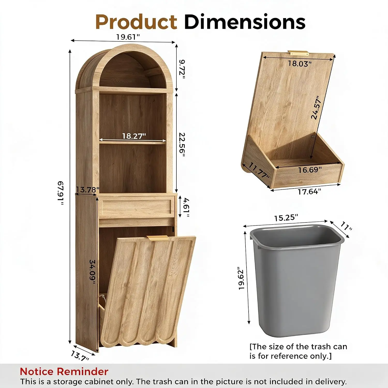Arched Tilt Out Trash Can Cabinet with Drawers, 10 Gallon, Natural, Customized