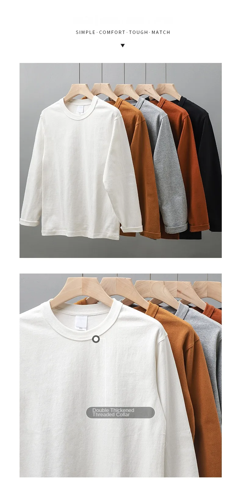 Dukeen 11,2 Oz Schwergewichts-Herbst-Langarm-T-Shirt für Herren, 100% Baumwolle, Einfarbiges Shirt mit Rundhalsausschnitt, Weiße Oberteile, Übergroße Herrenbekleidung – Detail 4