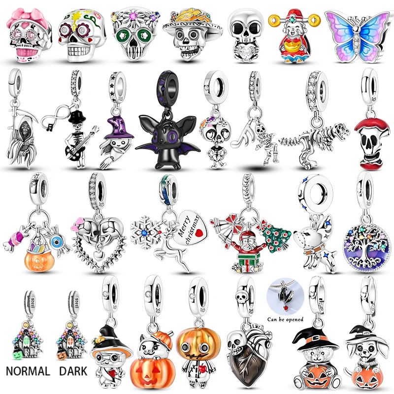 New In 925 Sterling Silver Charms Beads Skull Pumpkin Little Bear Dog Halloween Series Pendants Fit Original Bracelet Women Gift