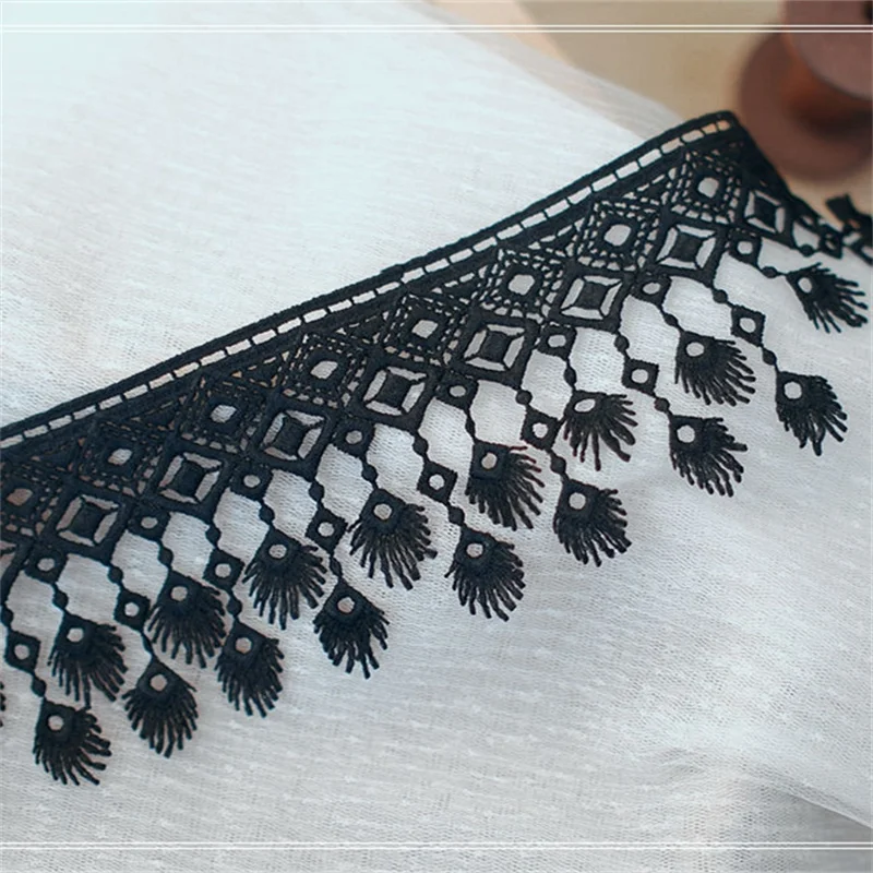 8.5CM Wide White Black Cotton Tassel Embroidered Lace Material Fringed Trim Ribbon Cloth Curtains Dress Hem DIY Sewing Decor