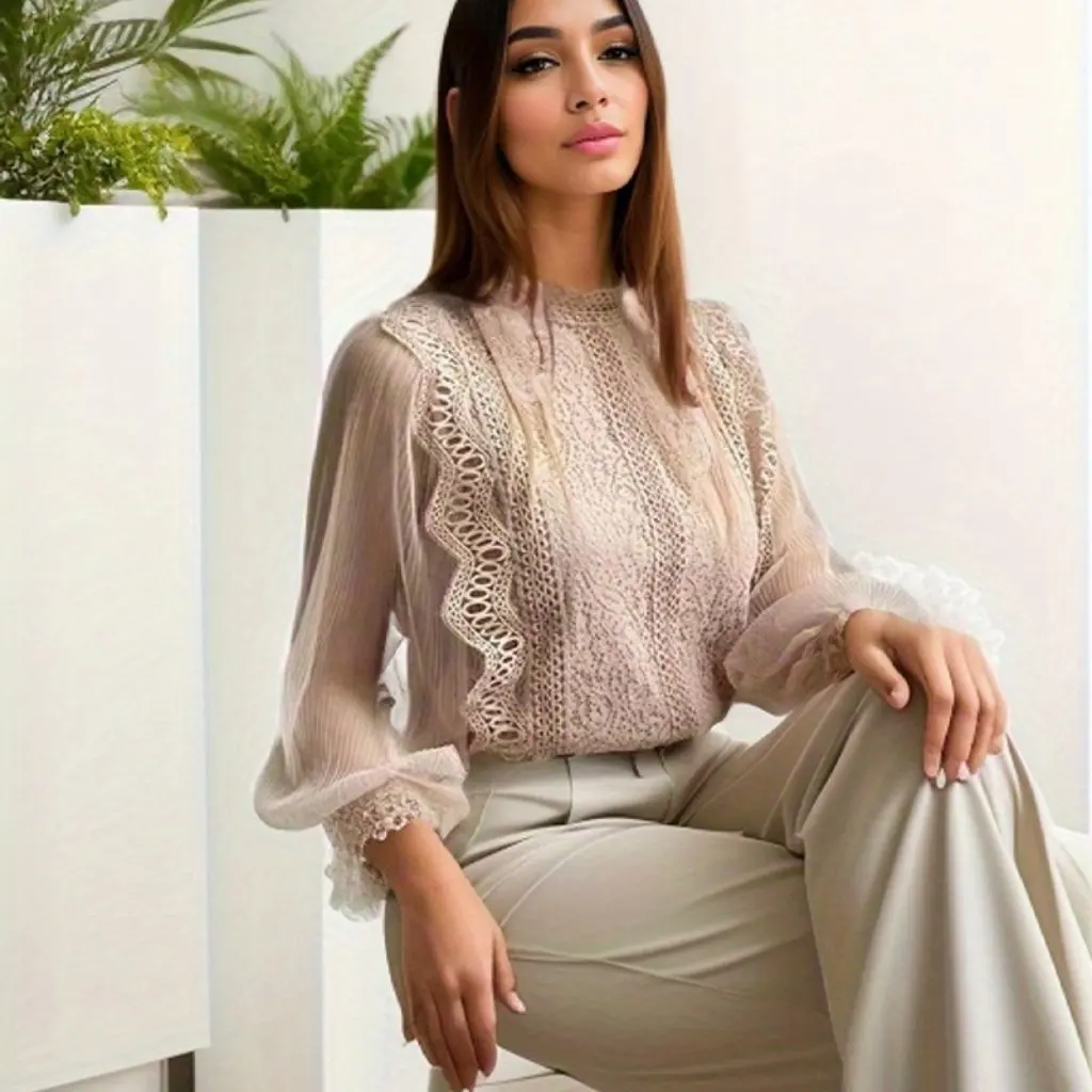

Elegant Women's Long Sleeve Lace Shirt Solid Color Mesh Puff Sleeve round Neck Top European American Style Fashion