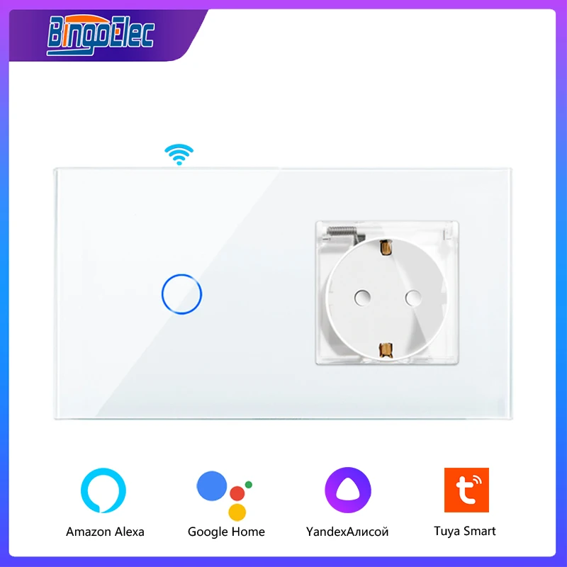 bingoelec wifi interruptor do sensor de toque com soquete comum painel de vidro cristal 15886 mm tomada de parede e interruptor de luz 3gang 1way 01