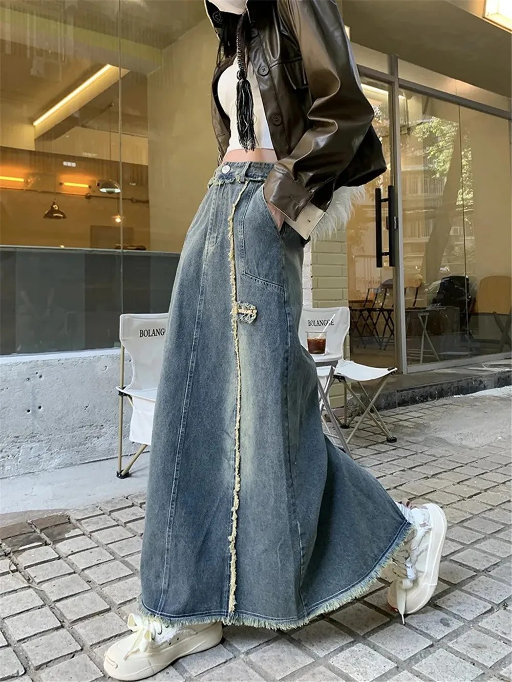 

Y2k Vintage Tassels Denim Midi Long Skirt Women Streetwear High Waist Irregular Straight Grunge Jeans Alt Maxi Skirts Clothes