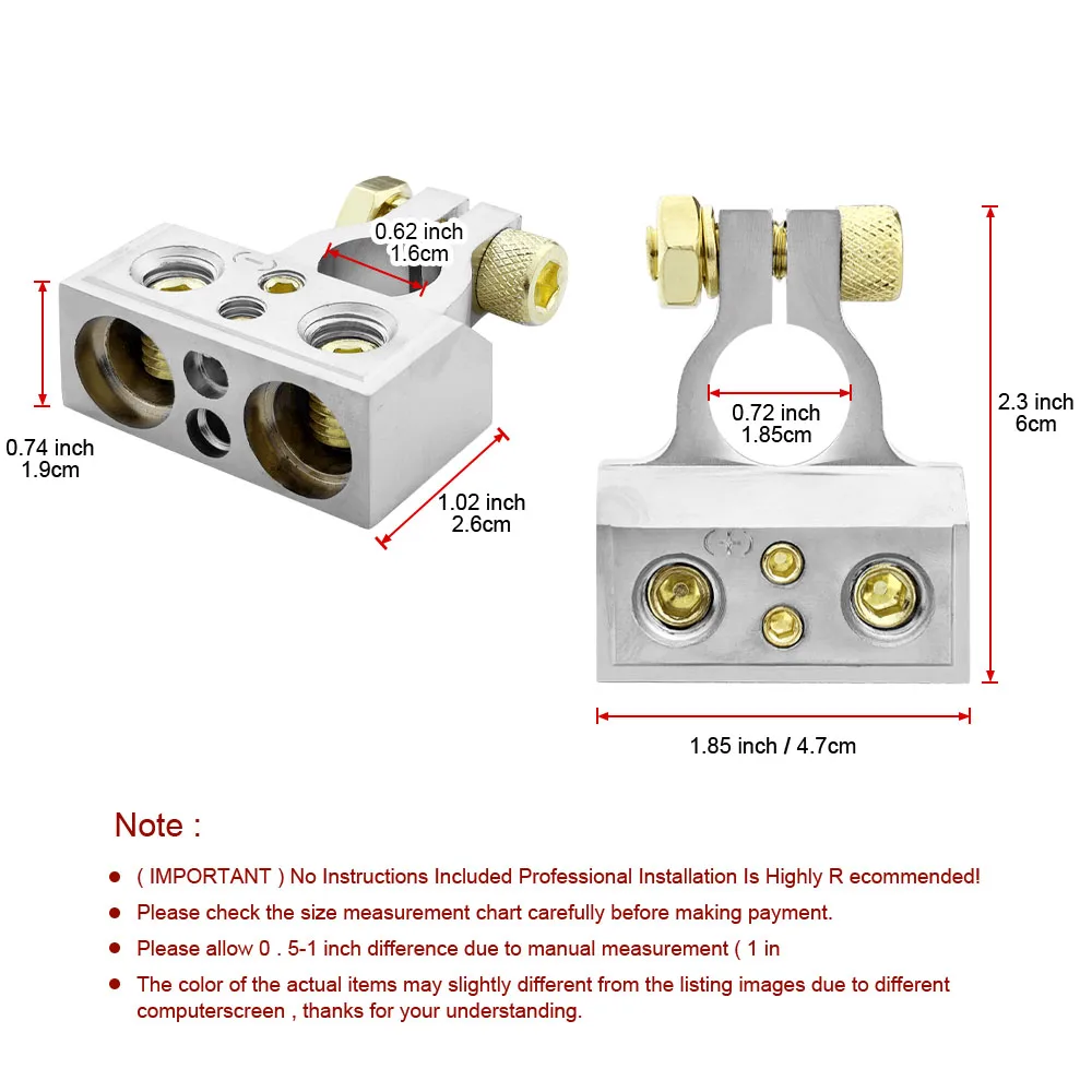 Car Battery Terminal Connectors Kit 2/4/8/10 Gauge Positive Negative Clamps with Shims Clear Covers, Universal Automotive Marine
