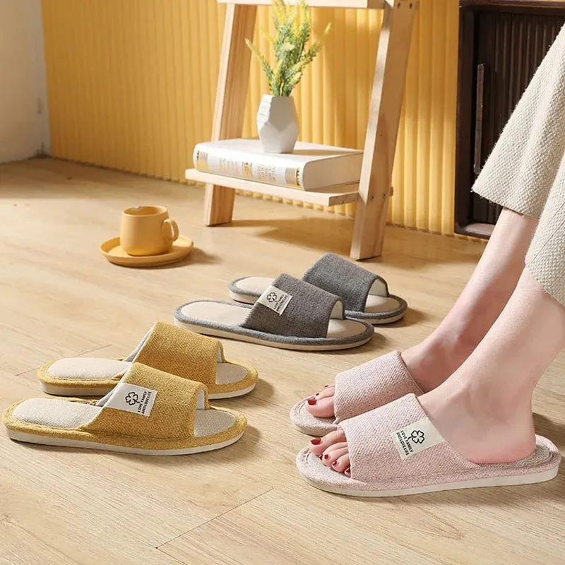 2024 All Seasons Women's Slippers Comfortable Cotton Linen Open Toe Slippers Soft Flats Silent Home Shoes Couple Hemp Slippers