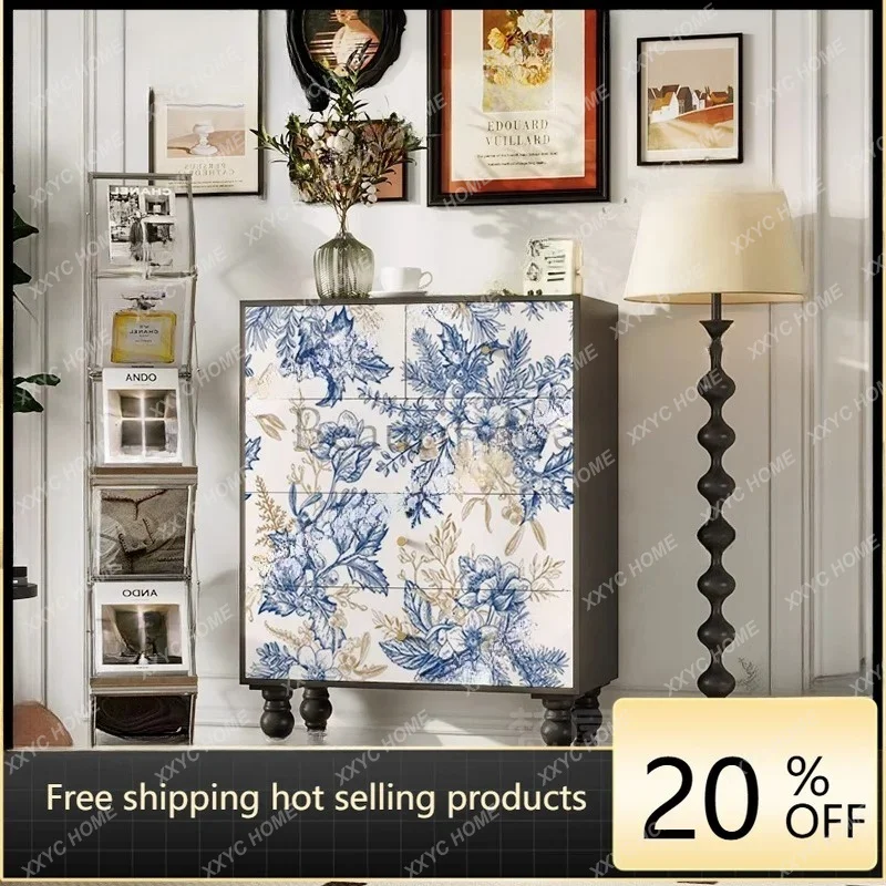 XXretro solid wood chest of drawers, living room painted and printed against the wall, light luxury decorative locker