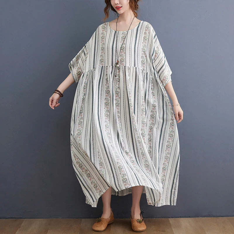 여름 신상 플러스 사이즈 루즈핏 플로럴 프린트 롱 드레스 여성 무릎 길이 맥시 드레스 캐주얼 편안한 면 혼방