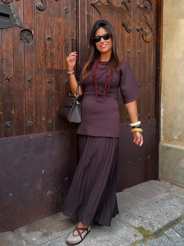 Frauen Elegante Halbarm O-Kragen Plissee Kleid Frühling Frau Hinten Zipper Spleißen Vintage Beiläufige Gestrickte Lange Kleid