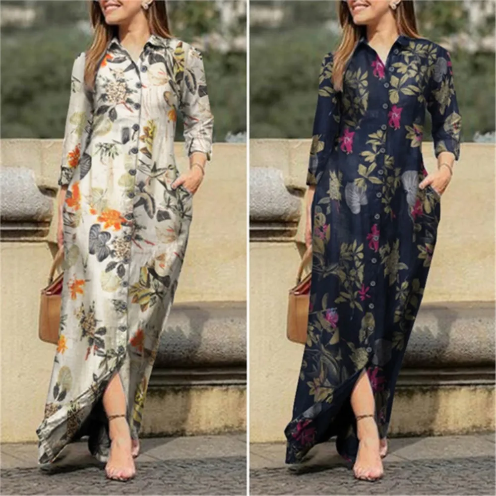 Dames Vakantie Jurk Casual Print Lange Jurken Revers Lange Mouw Gewaad Lange Gebloemde Katoenen Jurk Met Knoopsluiting Shirt Lange Vestidos