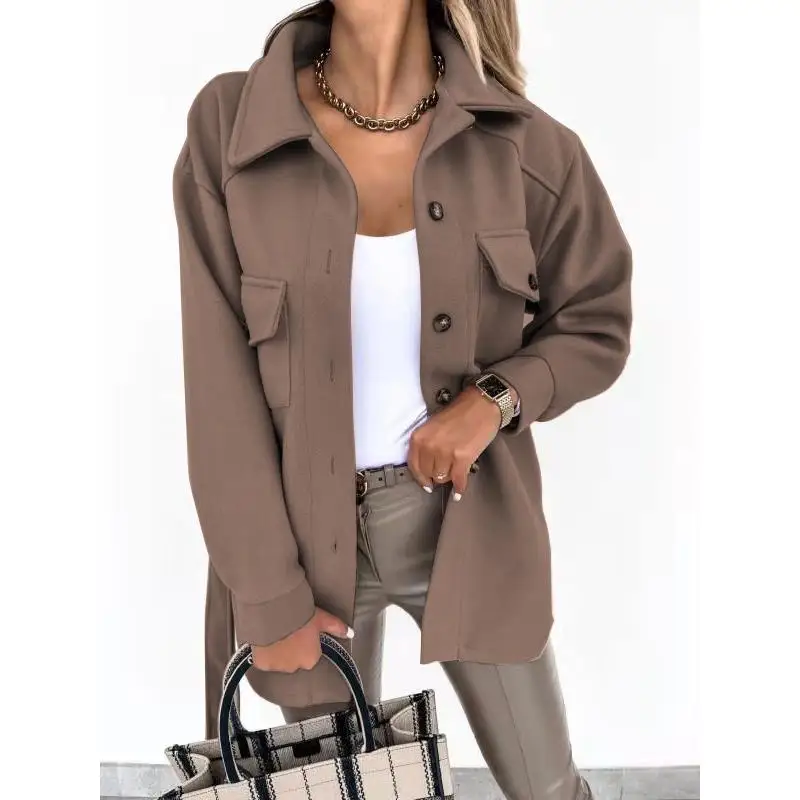 

Women's Collar Single Thi Woolen irt Coat Long Sve Mid-Length Pure Color Winter Faion Ladies' Premium Quali Coat