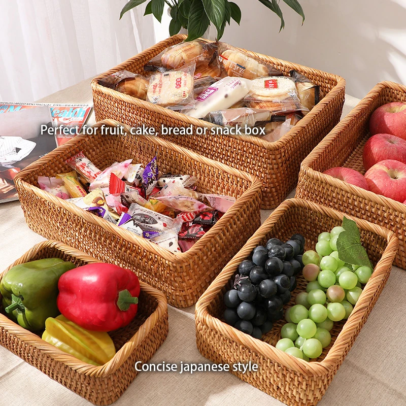 Handwoven Rattan Storage Box Rectangle Wicker Container Bread Fruit Food Basket Kitchen Makeup Clothes Organizer Desk Organizers