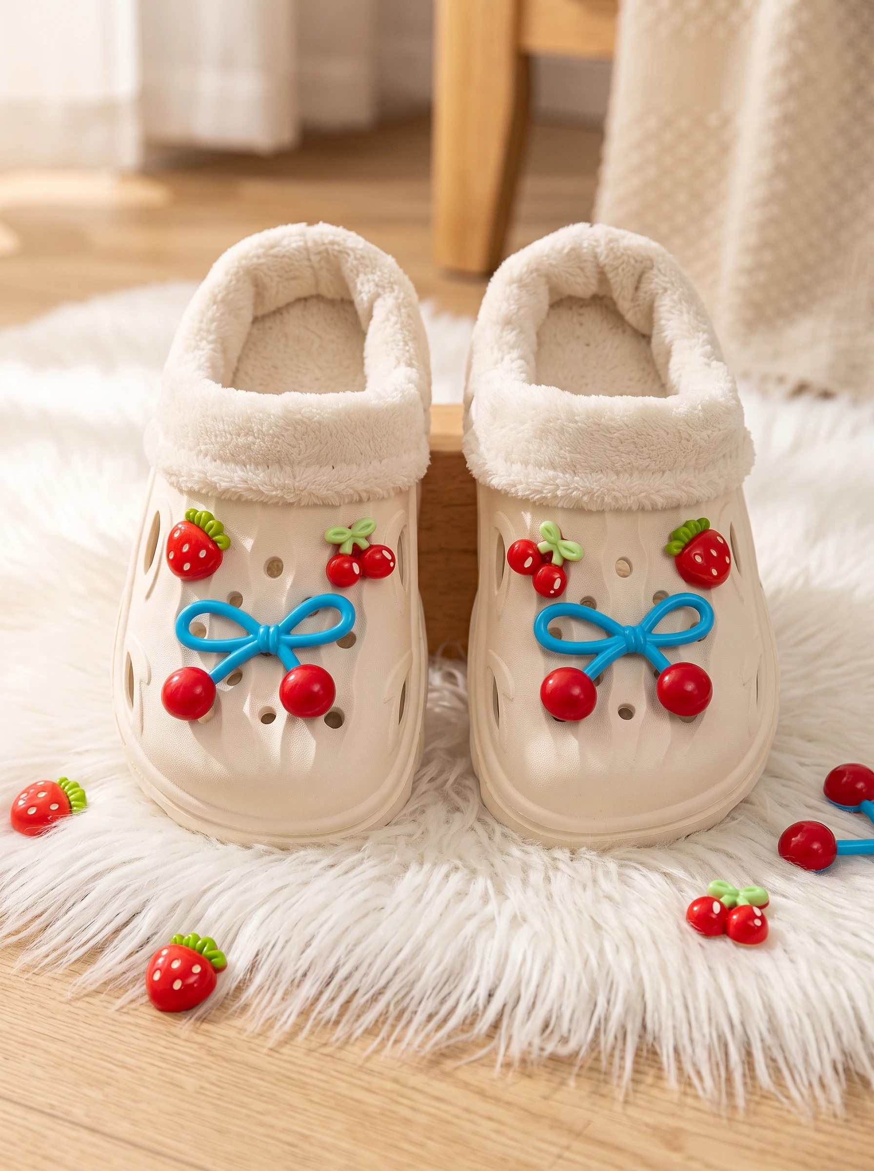 Girls' Winter Fleece-Lined Clog Slippers with Cute Cherry, Strawberry, and Bow Accessories, Thick-Soled Non-Slip EVA Plush Warm Indoor Cotton Slippers for Toddlers