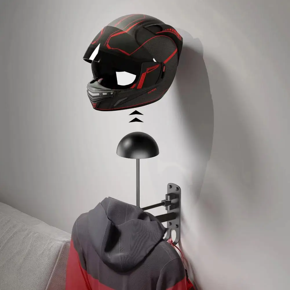 Motorcycle Helmet Storage Rack Wall-mounted Motorcycle Helmet Storage Holder with Coat Rack 180-degree Rotating Metal Helmet