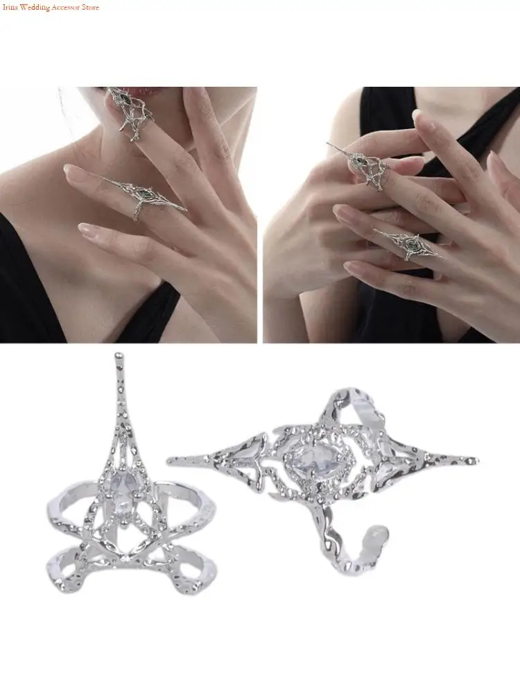 G92D Set of 2 Edgy Split Texture Bone Top Rings Rhinestones Irregular Hollow Open Joint Ring Jewelry for Trendsetters