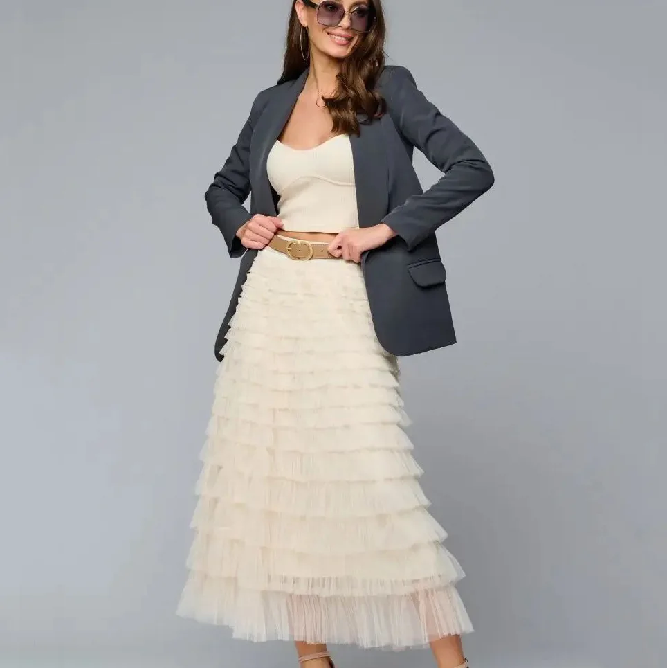 

Юбкапыチнаяцатина Cake Mesh Elastic Waist Long Skirt
