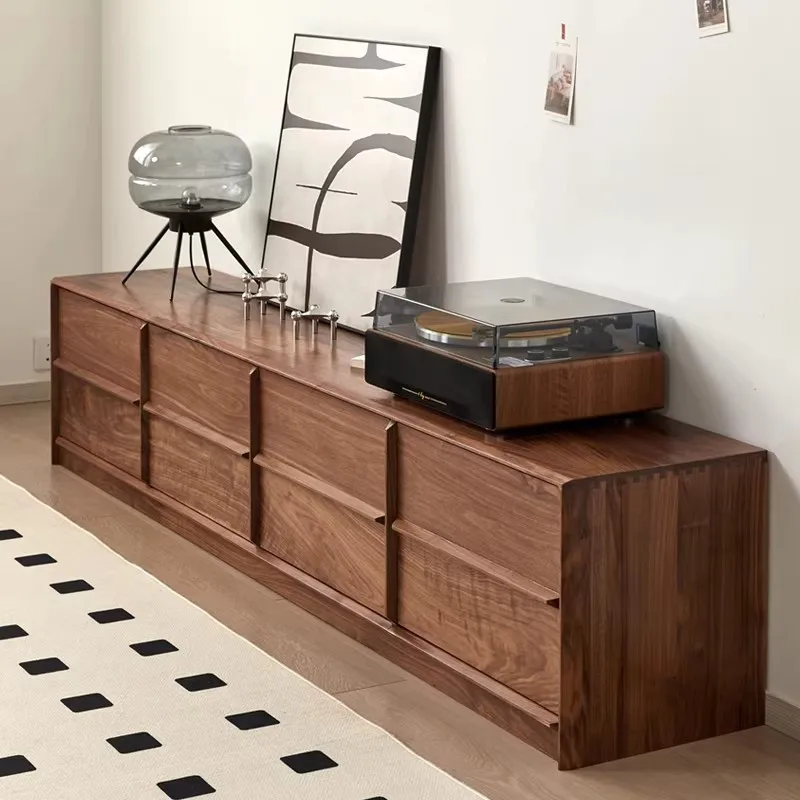Solid wood skeleton cable TV cabinet, living room black walnut wood small apartment, home-use floor-standing solid wood video ca