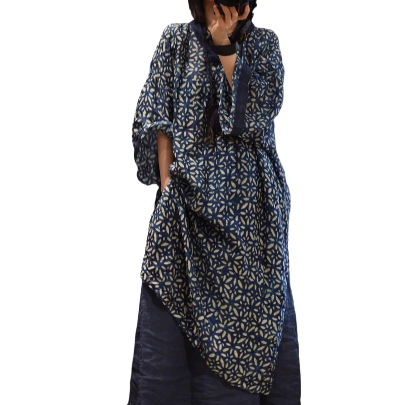 New Autumn Arts Style Runway V Neck Women Loose Thin Dresses High Quality Ramie Vintage Printed Batwing Sleeve Long Dress Tunics