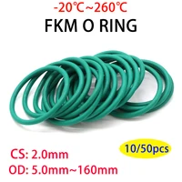 10/50 Uds. Junta tórica FKM verde CS 2mm OD 5 ~ 160mm junta de sellado aislamiento resistente al aceite caucho de flúor resistente a altas temperaturas