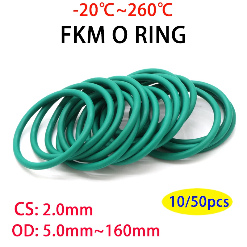 10/50Pcs Green FKM O Ring CS 2mm OD 5~160mm Sealing Gasket Insulation Oil Resistant High Temperature Resistance Fluorine Rubber