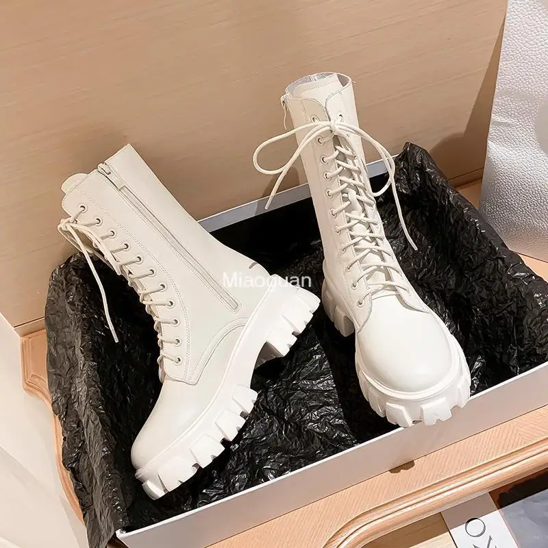 2023 Thicken Winter Knight Boots Women Square Heel Ankle Boots Retro Thick Motorcycle Boots Black White Botas Mujer Comfortable