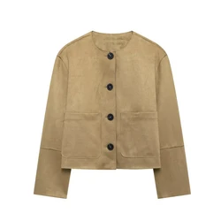 Tangada 2024 Women Suede Crop Jacket Buttons Long Sleeve Female Coat Outwear 3H0910